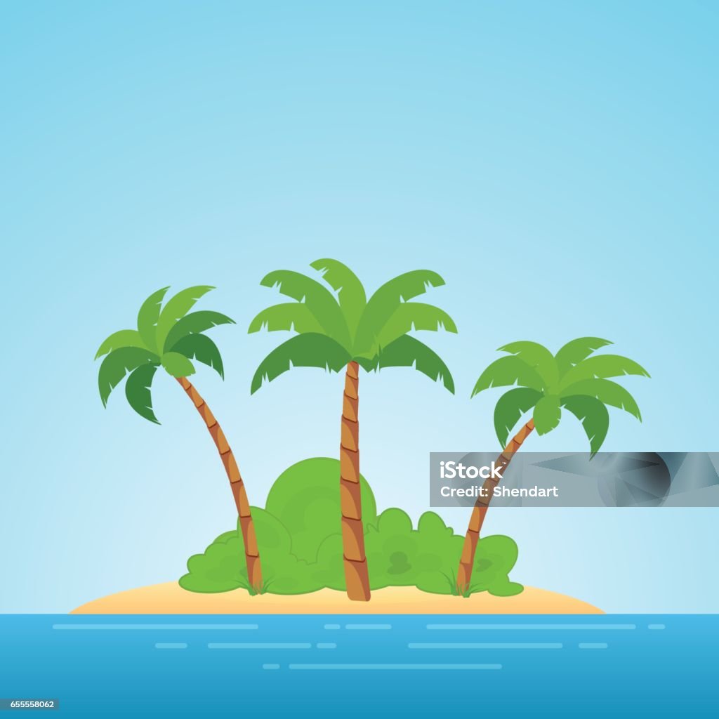 Paradis à Hawaii. Île tropicale dans la mer avec des palmiers et bush. Endroit pour passer des vacances loin de la civilisation. - clipart vectoriel de Palmier libre de droits