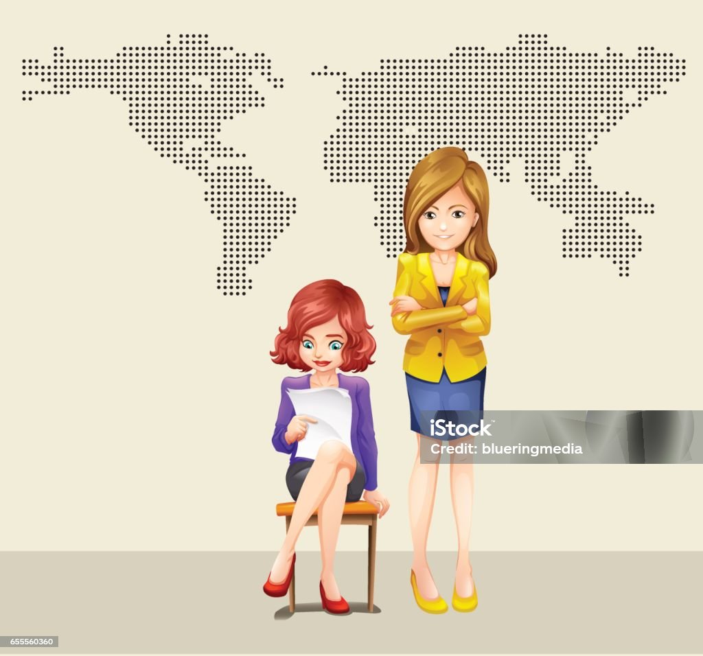 Two businesswomen and world map Two businesswomen and world map illustration Adult stock vector