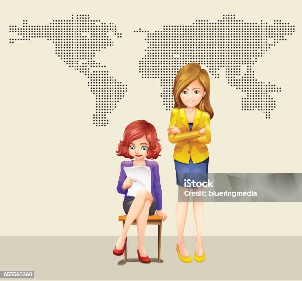 Two Businesswomen And World Map Stock Illustration - Download Image Now - Adult, Art, Business