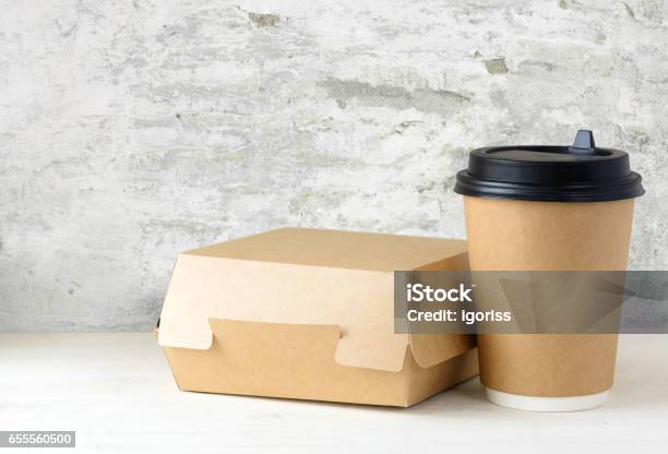 Craft Paper Coffee Cup And Food Box On The Table Stock Photo - Download Image Now - Bag, Burger, Take Out Food