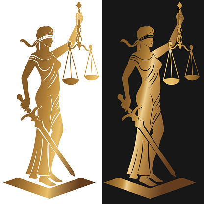 Justice Goddess Themis, lady justice Femida. Stylized contour vector. Blind woman holding scales and sword. Vector illustration silhouette of Themis statue holding scales balance and sword isolated on white background. Symbol of justice, law and order.