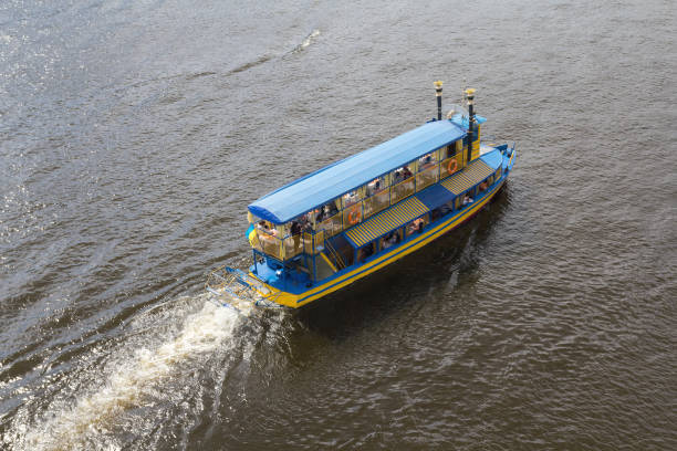 Vintage steamer boat sails along the Dnieper river. Kiev