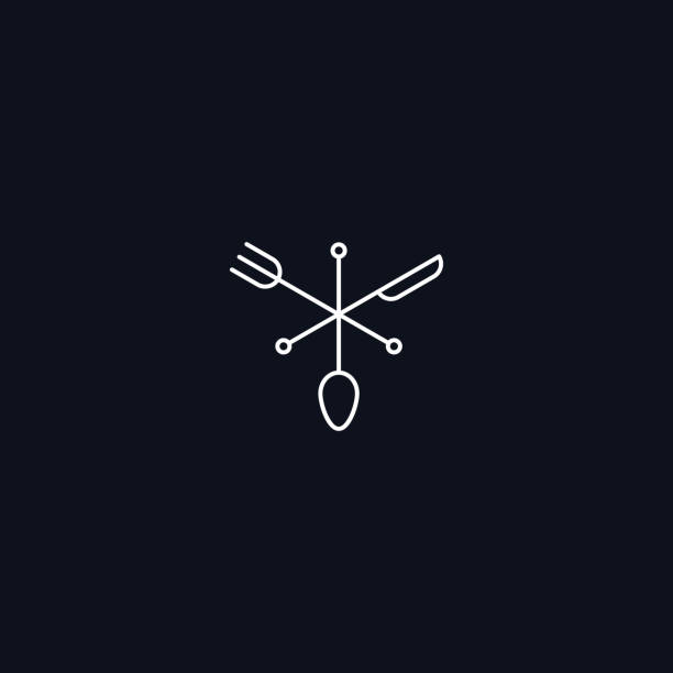 ilustraciones, imágenes clip art, dibujos animados e iconos de stock de línea símbolo, tenedor, cuchara y cuchillo, vector elemento de diseño - comida gourmet