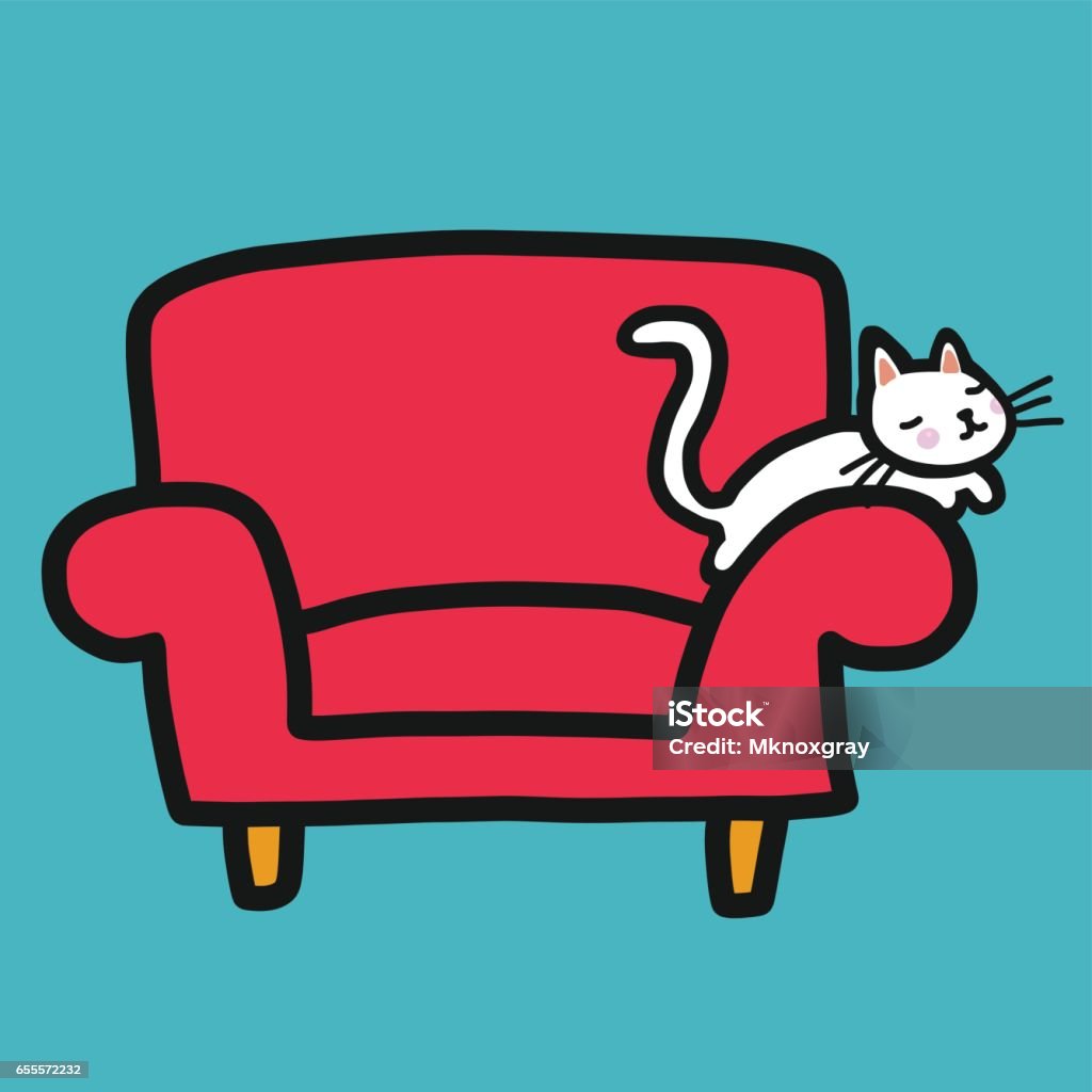 Kucing Putih Lucu Bersandar Di Kartun Sofa Merah Ilustrasi Stok - Unduh
