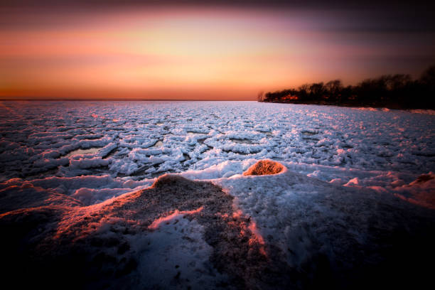 A harbour within Lake Erie is frozen over during the winter months.