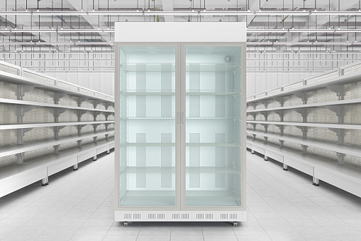 Store interior with empty refrigerator display. 3d render