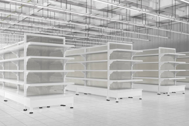 istock Store interior with empty supermarket shelves 655583182