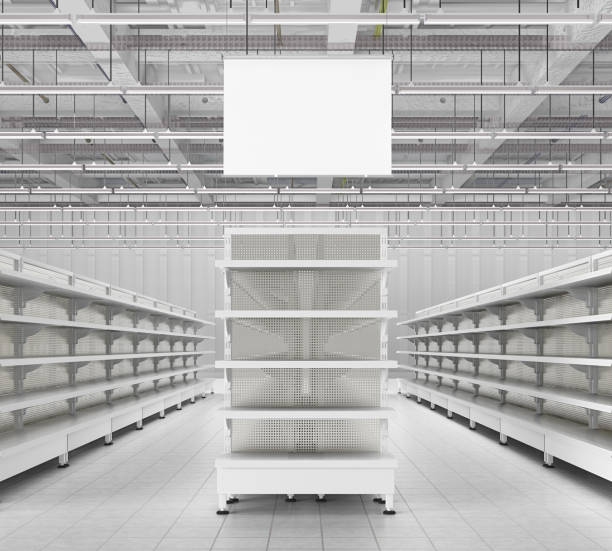innenraum mit leeren supermarktregalen zu speichern - refrigerate stock-fotos und bilder
