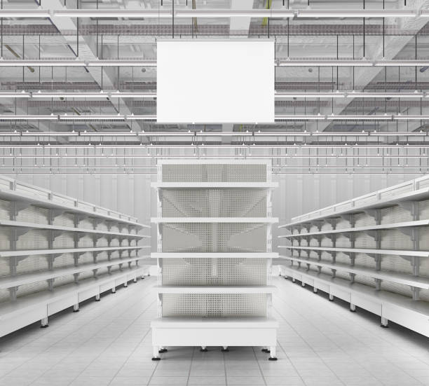 istock Store interior with empty supermarket shelves 655583218