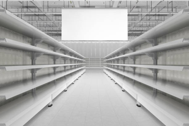 istock Store interior with empty supermarket shelves 655583316