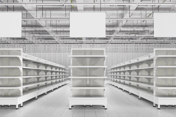 Store interior with empty supermarket shelves and blank advertising hanger banners. 3d render