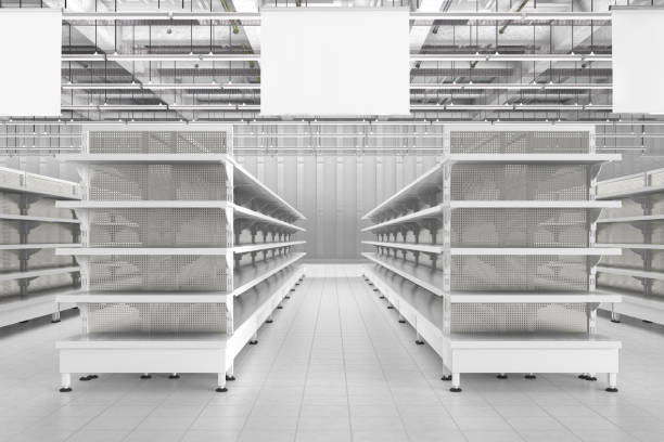istock Store interior with empty supermarket shelves 655585446