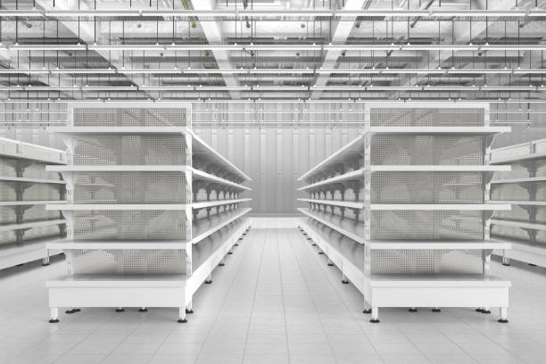 istock Store interior with empty supermarket shelves 655585506
