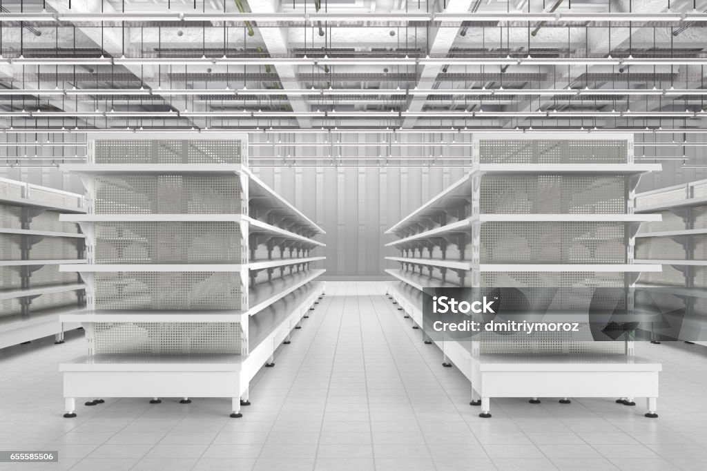 Store interior with empty supermarket shelves Store interior with empty supermarket shelves. 3d render Supermarket Stock Photo