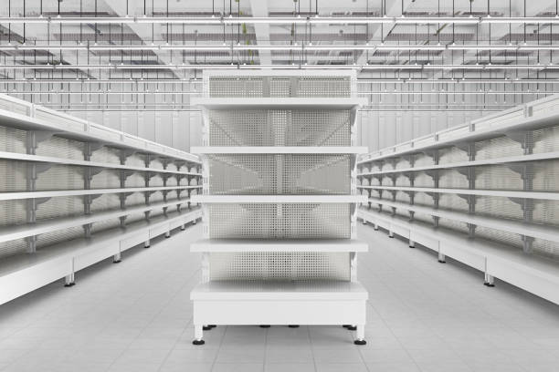 Store interior with empty supermarket shelves.