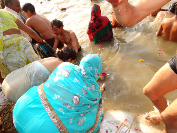 Allahabad, India - February 8, 2013: World's largest religious gathering Kumbh Fair, Allahabad held every twelfth year, a mass Hindu pilgrimages of faith in which Hindus gather to bathe in sacred rivers.