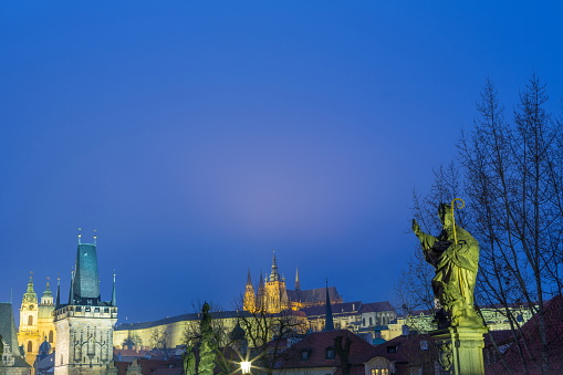 Blue hour in Prague looking at the Old Town from Charles Bridge.