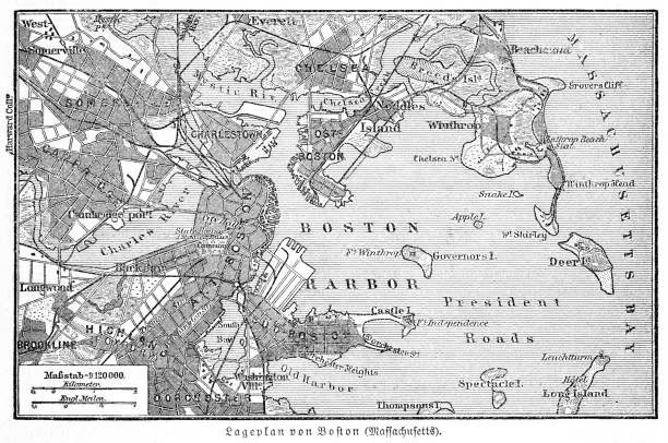 ilustrações de stock, clip art, desenhos animados e ícones de boston map 1895 - massachusetts bay