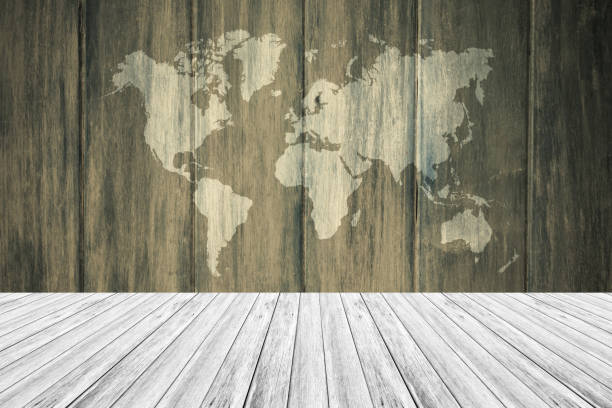 istock Texture background with wood terrace and world map 655604470