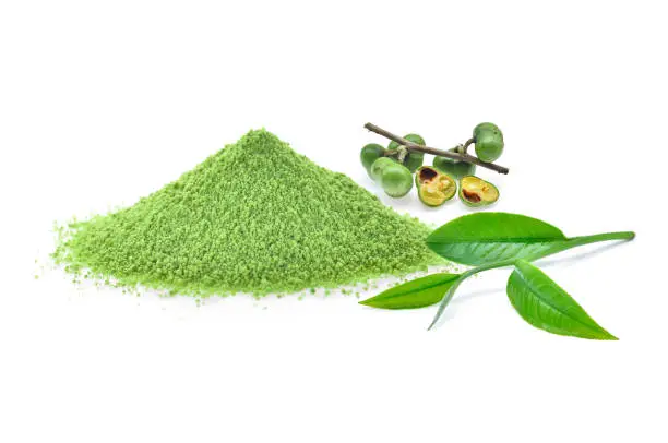 green tea powder,tea leaf,tea seeds isolated on white background