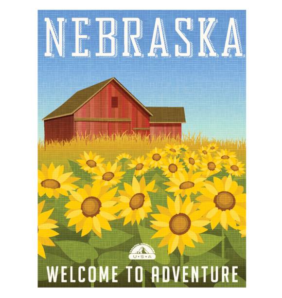 ilustrações de stock, clip art, desenhos animados e ícones de nebraska travel poster. vector illustration of sunflowers in front of old red barn. - nebraska