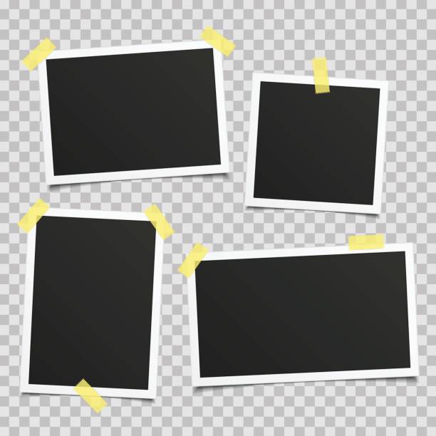 Vector retro photo frame set. Collection of vector blank photo frames with shadow effects and sticky tape scotch isolated on PS background. Set different sizes of photos, frame for your picture. Vector illustration realistic style black border photos stock illustrations