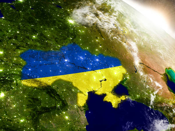 ukraine with flag in rising sun - ucrania imagens e fotografias de stock