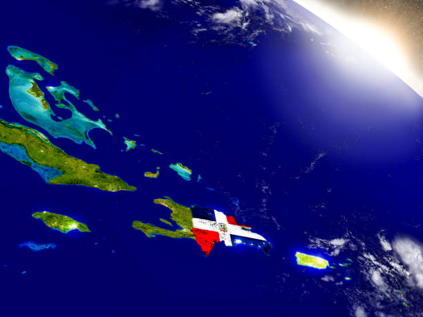 Dominican Republic with embedded flag on planet surface during sunrise. 3D illustration with highly detailed realistic planet surface and visible city lights. 3D model of planet created and rendered in Cheetah3D software, 9 Mar 2017. Some layers of planet surface use textures furnished by NASA, Blue Marble collection: http://visibleearth.nasa.gov/view_cat.php?categoryID=1484