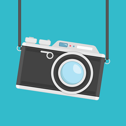 Retro camera in flat style on a colored background. Old camera with strap. Flat design vector illustration. Vintage Camera image. EPS 10.