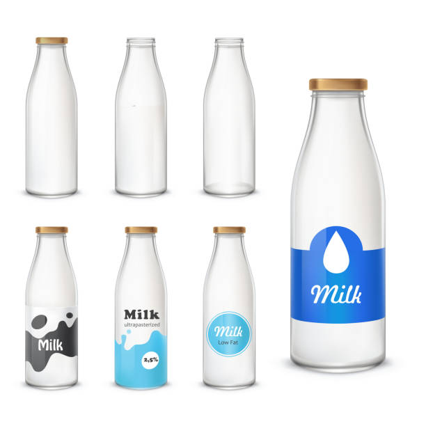 Set of icons glass bottles with a milk In a realistic style Set of vector icons glass bottles empty and with a milk in a realistic style. Milk bottles with different label patterns isolated on white background milk bottle stock illustrations