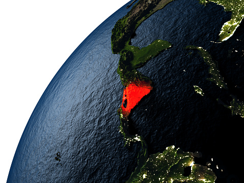 Nicaragua highlighted in red on planet Earth with visible city lights. 3D illustration with detailed planet surface. 3D model of planet created and rendered in Cheetah3D software, 9 Mar 2017. Some layers of planet surface use textures furnished by NASA, Blue Marble collection: http://visibleearth.nasa.gov/view_cat.php?categoryID=1484