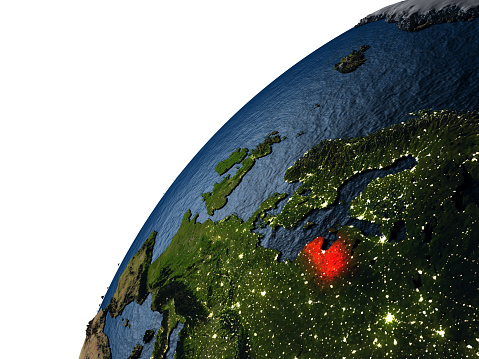 Latvia highlighted in red on planet Earth with visible city lights. 3D illustration with detailed planet surface. 3D model of planet created and rendered in Cheetah3D software, 9 Mar 2017. Some layers of planet surface use textures furnished by NASA, Blue Marble collection: http://visibleearth.nasa.gov/view_cat.php?categoryID=1484