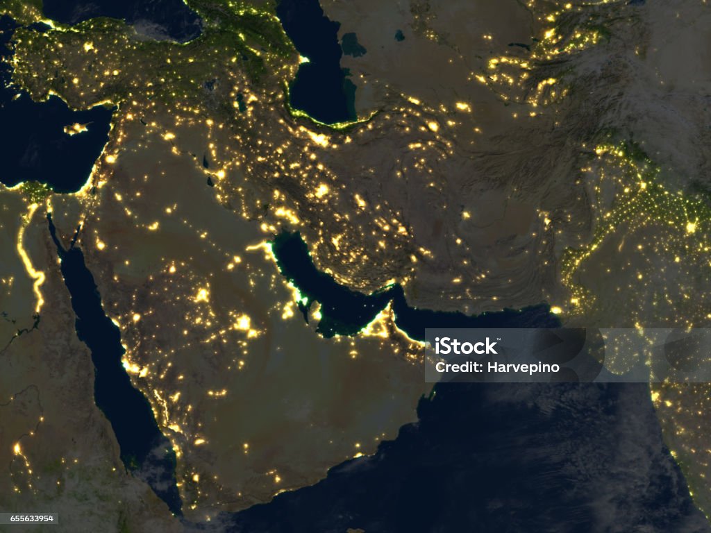 Arab Peninsula at night on planet Earth Arab Peninsula at night. 3D illustration with detailed planet surface and visible city lights. 3D model of planet created and rendered in Cheetah3D software, 9 Mar 2017. Some layers of planet surface use textures furnished by NASA, Blue Marble collection: http://visibleearth.nasa.gov/view_cat.php?categoryID=1484 Map Stock Photo