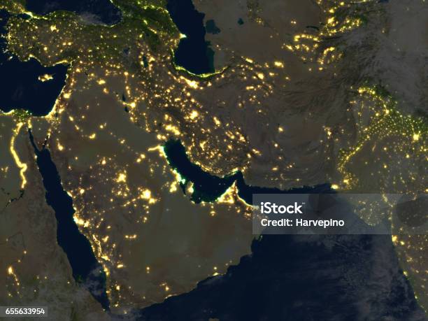 Arab Peninsula At Night On Planet Earth Stock Photo - Download Image Now - Map, Globe - Navigational Equipment, Iran