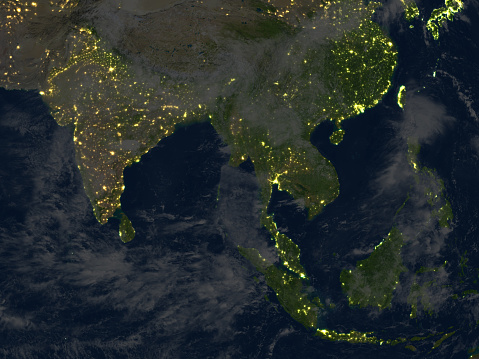 Southeast Asia at night. 3D illustration with detailed planet surface and visible city lights. 3D model of planet created and rendered in Cheetah3D software, 9 Mar 2017. Some layers of planet surface use textures furnished by NASA, Blue Marble collection: http://visibleearth.nasa.gov/view_cat.php?categoryID=1484