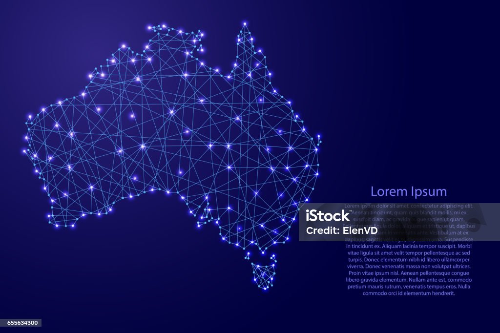 Mapa da Austrália da poligonais linhas azuis e brilhantes estrelas ilustração vetorial - Vetor de Austrália royalty-free