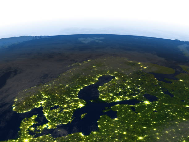 Scandinavian Peninsula at night. 3D illustration with detailed planet surface and visible city lights. 3D model of planet created and rendered in 9 Mar 2017. Some layers of planet surface use textures furnished by NASA, Blue Marble collection: http://visibleearth.nasa.gov/view_cat.php?categoryID=1484
