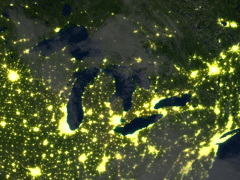 Great Lakes at night. 3D illustration with detailed planet surface and visible city lights. 3D model of planet created and rendered in Cheetah3D software, 9 Mar 2017. Some layers of planet surface use textures furnished by NASA, Blue Marble collection: http://visibleearth.nasa.gov/view_cat.php?categoryID=1484