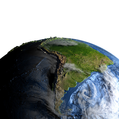 South America on 3D model of Earth. 3D illustration with plastic planet surface and ocean floor and visible city lights. 3D model of planet created and rendered in Cheetah3D software, 9 Mar 2017. Some layers of planet surface use textures furnished by NASA, Blue Marble collection: http://visibleearth.nasa.gov/view_cat.php?categoryID=1484
