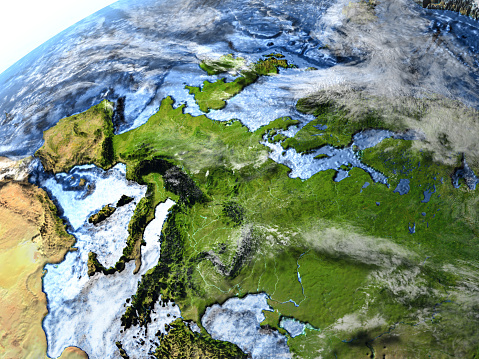 Europe on 3D model of Earth. 3D illustration with plastic planet surface and ocean floor. 3D model of planet created and rendered in Cheetah3D software, 9 Mar 2017. Some layers of planet surface use textures furnished by NASA, Blue Marble collection: http://visibleearth.nasa.gov/view_cat.php?categoryID=1484