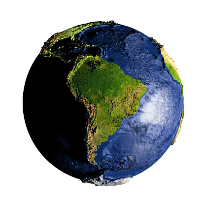 South America on planet Earth with exaggerated surface features including ocean floor. 3D illustration isolated on white background. 3D model of planet created and rendered in Cheetah3D software, 9 Mar 2017. Some layers of planet surface use textures furnished by NASA, Blue Marble collection: http://visibleearth.nasa.gov/view_cat.php?categoryID=1484