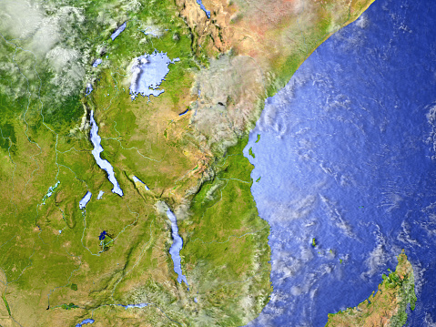 Great lakes of Africa on model of Earth. 3D illustration with realistic planet surface. 3D model of planet created and rendered in Cheetah3D software, 9 Mar 2017. Some layers of planet surface use textures furnished by NASA, Blue Marble collection: http://visibleearth.nasa.gov/view_cat.php?categoryID=1484