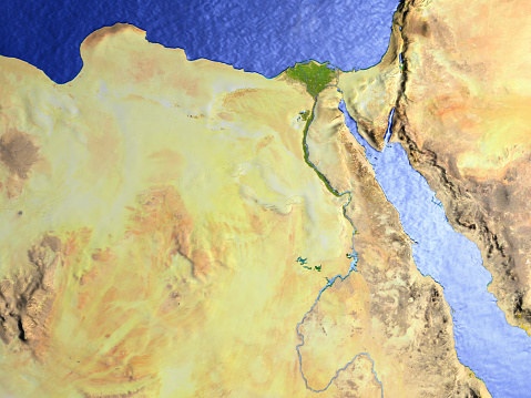 Egypt on model of Earth. 3D illustration with realistic planet surface. 3D model of planet created and rendered in Cheetah3D software, 9 Mar 2017. Some layers of planet surface use textures furnished by NASA, Blue Marble collection: http://visibleearth.nasa.gov/view_cat.php?categoryID=1484