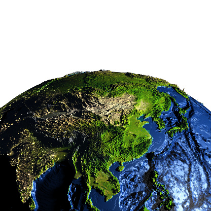 East Asia on model of Earth with exaggerated surface features including ocean floor. 3D illustration. 3D model of planet created and rendered in Cheetah3D software, 9 Mar 2017. Some layers of planet surface use textures furnished by NASA, Blue Marble collection: http://visibleearth.nasa.gov/view_cat.php?categoryID=1484
