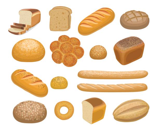 Web Bread, bakery products set in cartoon style isolated on white bun bread stock illustrations