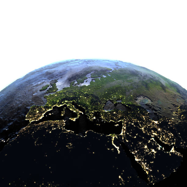 EMEA region on 3D model of Earth at night. 3D illustration with plastic planet surface and ocean floor at night and visible city lights. 3D model of planet created and rendered in Cheetah3D software, 9 Mar 2017. Some layers of planet surface use textures furnished by NASA, Blue Marble collection: http://visibleearth.nasa.gov/view_cat.php?categoryID=1484