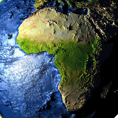 Africa on model of Earth with exaggerated surface features including ocean floor. 3D illustration. 3D model of planet created and rendered in Cheetah3D software, 9 Mar 2017. Some layers of planet surface use textures furnished by NASA, Blue Marble collection: http://visibleearth.nasa.gov/view_cat.php?categoryID=1484