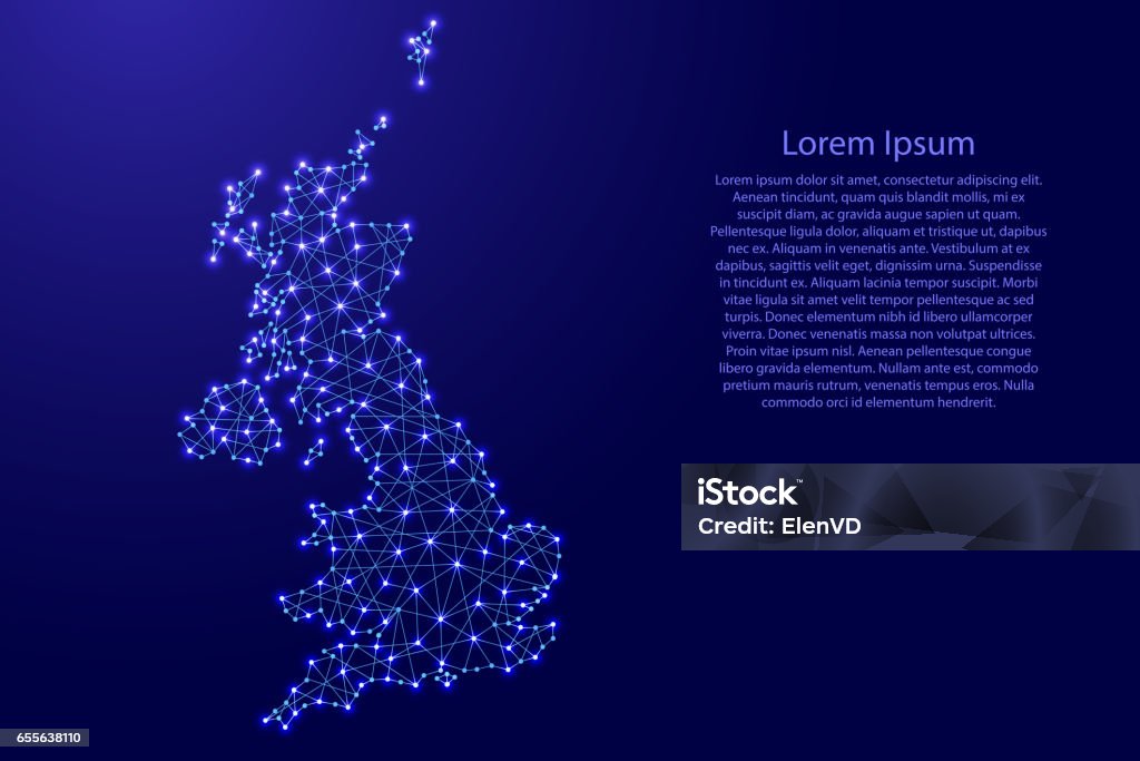 Map of United Kingdom from polygonal blue lines and glowing stars vector illustration Map stock vector