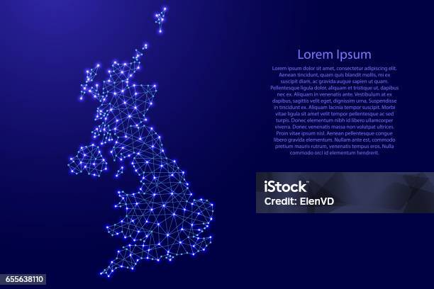 Map Of United Kingdom From Polygonal Blue Lines And Glowing Stars Vector Illustration Stock Illustration - Download Image Now