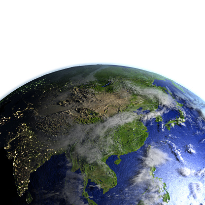 East Asia on model of Earth. 3D illustration with realistic planet surface and visible city lights. 3D model of planet created and rendered in Cheetah3D software, 9 Mar 2017. Some layers of planet surface use textures furnished by NASA, Blue Marble collection: http://visibleearth.nasa.gov/view_cat.php?categoryID=1484